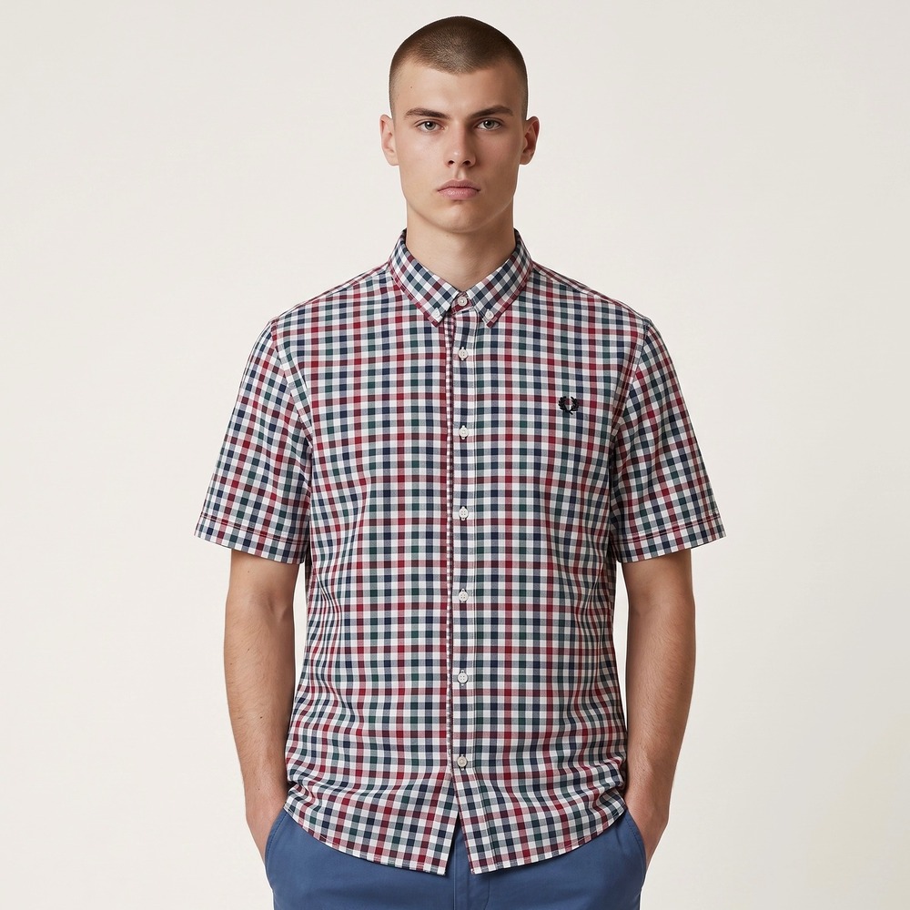 Fred‎ Perry Gingham Shirt Mens XXL Rosso Multi New Short Sleeve Button Down $149